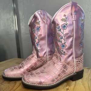 Old West Children Girls Square Toe Pink Faux Leather Cowboy Boots-Size 3